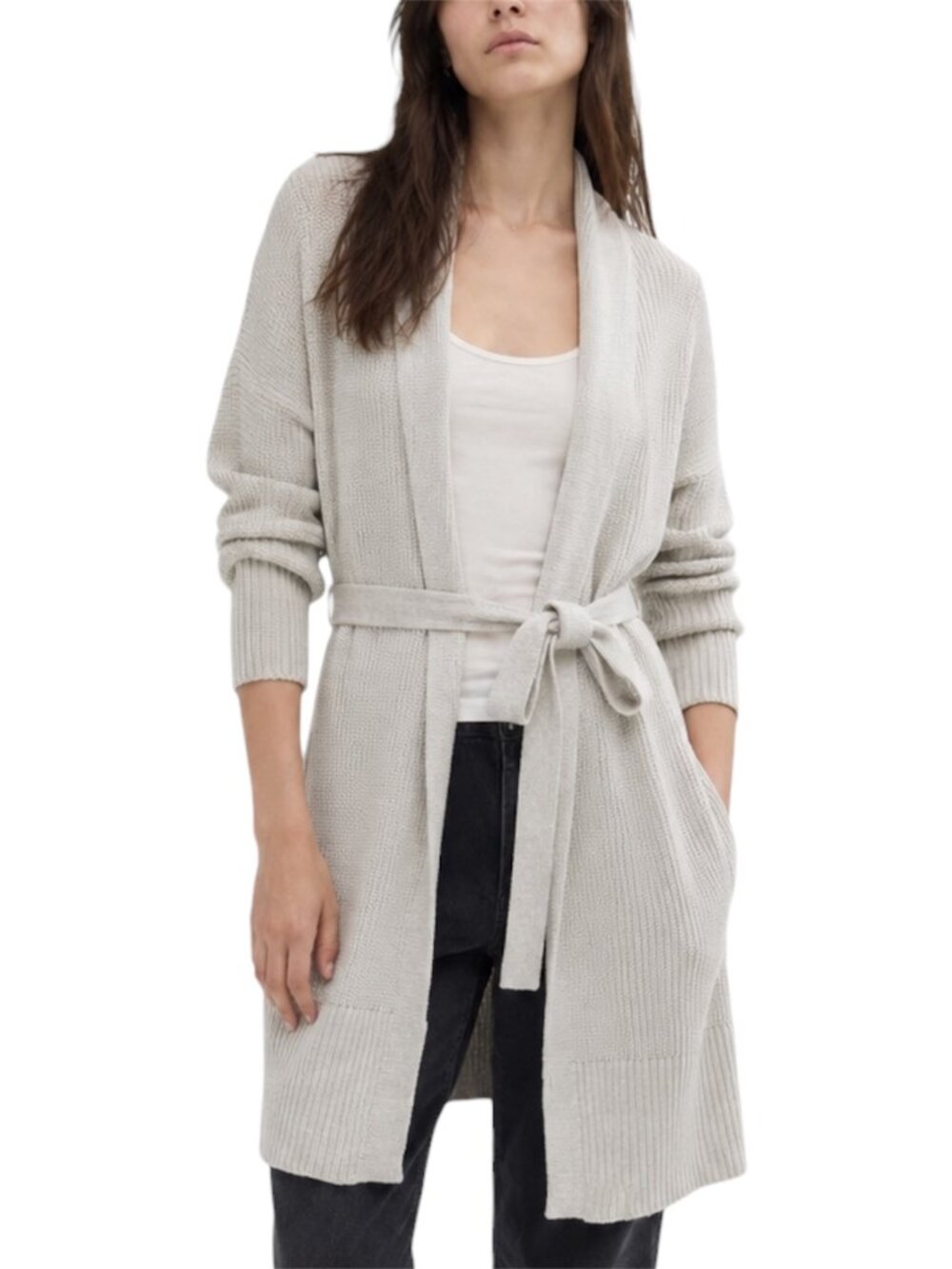 M Cabi Cream Gray Ribbed Belted Long Cardigan Duster Sweater